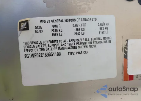 2003 Chevrolet Impala из США, поврежденный, VIN 2G1WF52E139351100